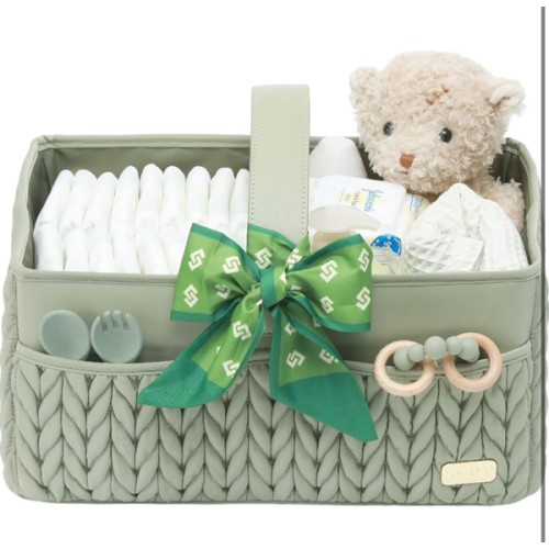 LUKJOJO Luxurious Baby Diaper Caddy, Nursery Storage Basket for Newborn Essentials, Travel Baby Basket for Diapers Baby Wipes, Organizer Tote Bag Storage Bin, Baby Shower Gifts(Sage Green)