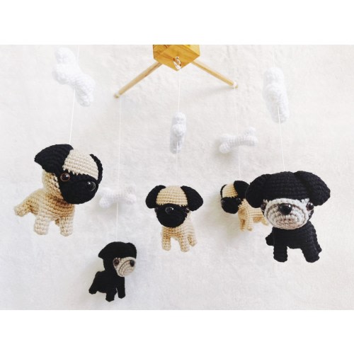 Black and Beige Pugs Puppy Crochet Baby Mobile, Dog baby mobile, Nursery decor, Dog crochet mobile, Pug baby mobile, Baby Shower Gift