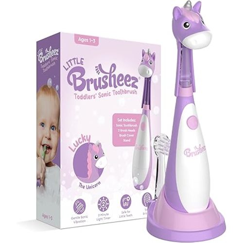Brusheez Little Toddlers’ Sonic Toothbrush - Safe & Gentle Toothbrush for Ages 1-3 with Built-in, Light-Up 2-Minute Timer, Extra Brush Head, & Storage Base for First-Time Brushers (Lucky The Unicorn)