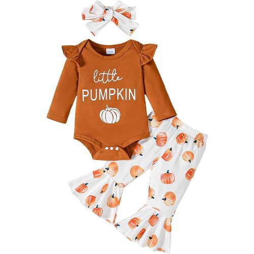 Halloween/Thanksgiving Baby Girl Outfit Pumpkin Romper+Flared Pants Infant Fall Clothes 0-18M