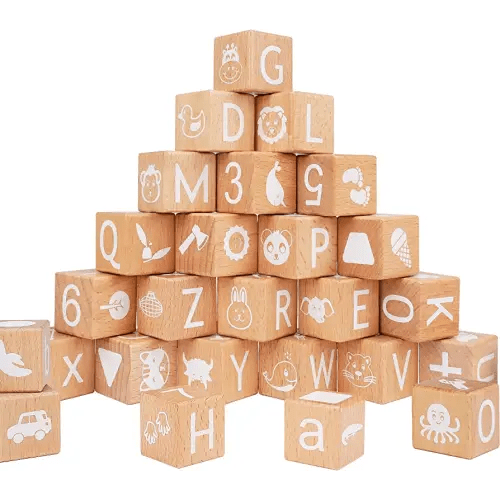 AXEARTE Alphabet Letters Stacking Blocks, 26 Wooden ABC Building Blocks for Toddlers, Number, Animals Icons on Every Side, Preschool Learning Educational Toys Montessori Sensory Toys for Kids