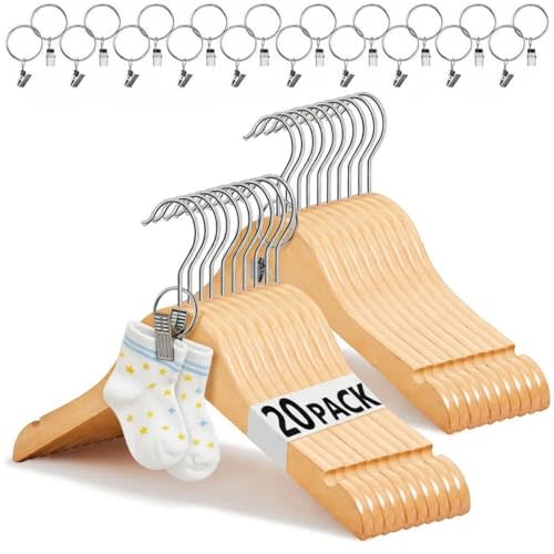 20 Pcs Wooden Kids Baby Clothes Hangers with Metal Ring Clips 12.6" Wooden Shirt Coat Hangers with Notches and Anti Rust 360 Swivel Chrome Hook for Kids Children Toddler Clothes