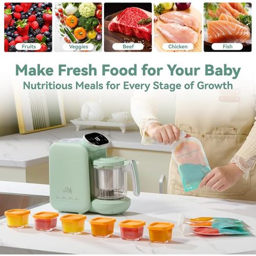 Baby Food Maker, 5 in 1 Baby Food Processor with Steaming Basket, Auto Cooking & Grinding, Touch Screen Control, Baby Steamer and Blender, Baby Food Puree Maker Warmer Mills Machine (Green)