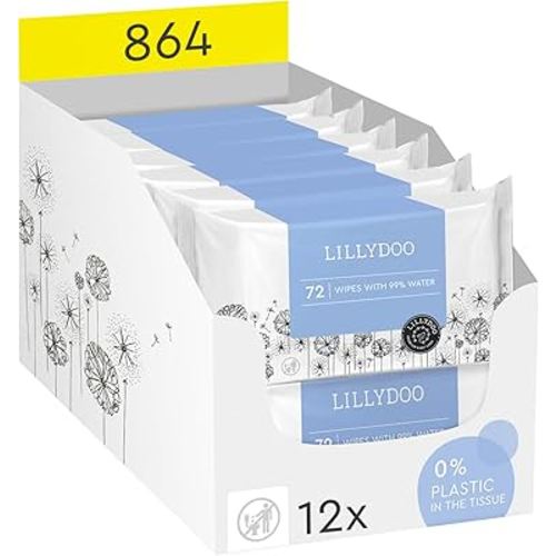 Hypoallergenic & strong Baby Wipes with 99% Water, Unscented & Plastic-Free, 12 resealable Packs (864 Wipes Total)