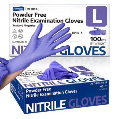 Supmedic Nitrile Exam Gloves, 3.5 mil Purple Disposable Medical Glove Powder-Free Latex-Free Food Safe, 100 Pcs (Purple Large)