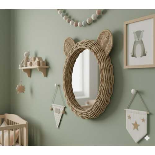 Rattan Bear Mirror for Nursery – Montessori Self-Recognition Toy | Natural Boho Wall Decor for Baby Room