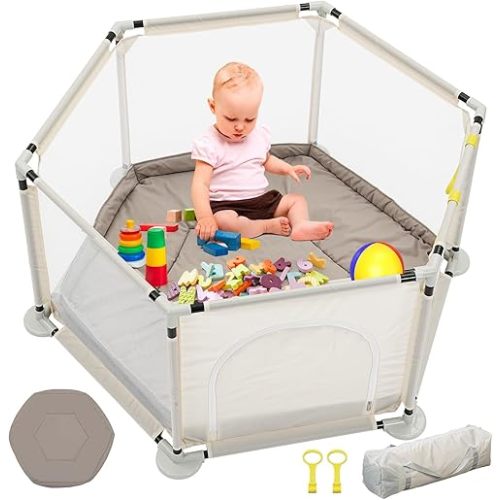 ZENOVA Hexagonal Baby Playpen with Mat for Babies & Toddlers Baby Fence Baby Play Yard for Baby Indoor Toddler Playplen with Carrybag