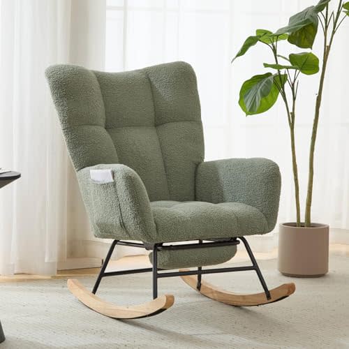 ETCZOYE Nursery Rocking Chair Teddy Upholstered Glider Rocker with Footrest Accent Chair with High Backrest Armchair Comfy Side Pocket Chair for Living Room, Bedroom, Offices (Large Green)