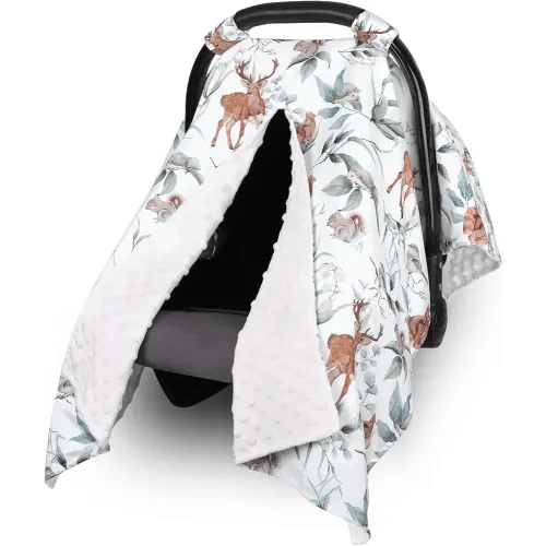 TANOFAR Baby Carseat Canopy, Peekaboo Opening Car Seat Canopy for Babies, Soft and Breathable Infant Carrier Canopy, Multi-use Baby Carrier, Stroller, Nursing Cover, Minky Blanket, Animal Leaf