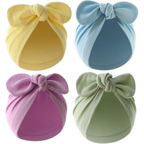 4PCS Newborn Baby Bow Knot Turban Hat Infant Toddler Hospital Hat Cotton Head Wrap Beanie Cap