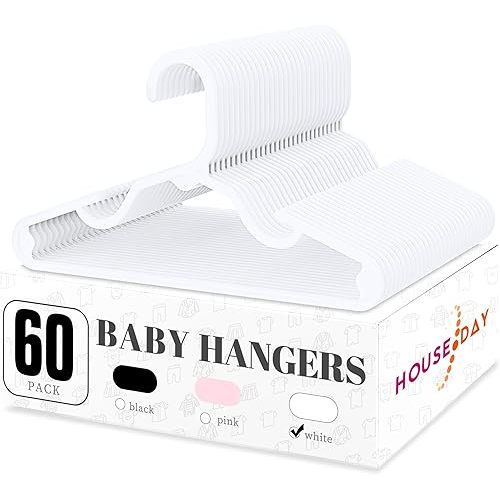 HOUSE DAY Plastic Baby Hangers for Closet 60 Pack, Durable Plastic Kids Hangers for Baby Clothes, Thin & Compact Childrens Hangers, Space Saving White Baby Hangers, Small Hangers for Kids Clothes