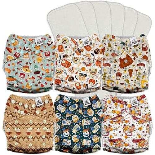 Mama Koala 3.0 Pocket Cloth Diapers for Babies with AWJ Lining, 6 Pack with 6 5-Layer Natural Cloth Diaper Inserts - Reusable and Washable Pocket Diapers(A-Harvest Autumn)