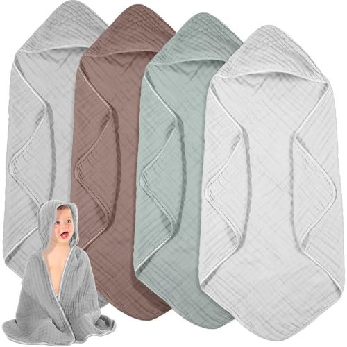 Peryiter 4 Pcs Muslin Hooded Baby Towels 32x32inch Cotton Newborn Bath Essentials Muslin Infant Blankets Absorbent Registry Baby Shower Present for Babies Girl Boy Kids (White,Gray,Green,Brown)