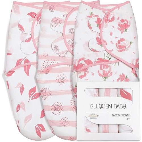 GLLQUEN BABY Organic Girl Swaddle Blankets, Adjustable Infant Swaddle,Newborn Swaddles for 0-3 Months, Ergonomic Baby Sleep Sack,Pink Floral or Dandelions or Leaves,Swaddling Blankets 3 Pack Wrap Set