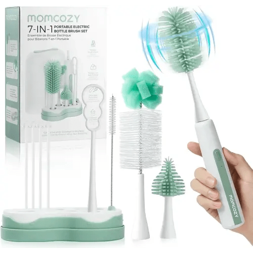 Momcozy 7 in 1 Electric Bottle Brush Kit, Portable Cleaning Set with Formula Mixer, Silicone Brush, Nipple Brush, Straw Brush, Soap Dispenser, Drying Rack - Long Battery Life for Home & Travel