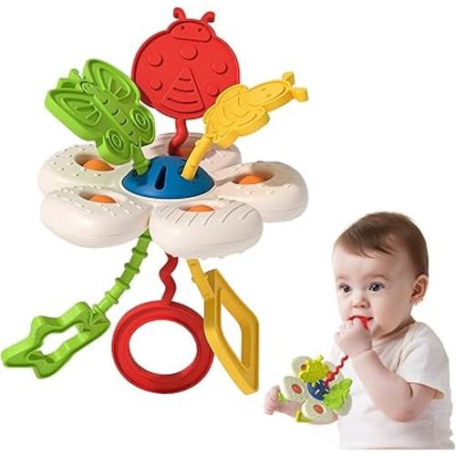 Car Seat & Stroller Sensory Chew Toys for Babies 3 6 9 12 18 Months, Silicone Soft Pull String Toddler Travel Toys, Early Learn Educational Gifts for Baby Shower Newborn Infant 1 2 Year Old Boys Girls