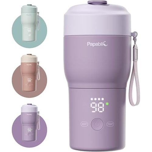 Papablic Portable Bottle Warmer for Travel – Fast Heating, Built-in Sterilizer, 30W Fast Charge, 5-Temp Control, Easy-Clean Wide Mouth, Baby Milk Warmer for Breastmilk & Formula