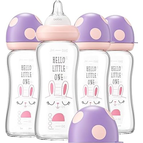 YOHKOH Natural Glass Baby Bottle with Natural Response Nipple, Newborn Anti-Colic Baby Bottles, Wide Neck Mushroom Cap Baby Bottle, Clear ((8.8oz (Pack of 4), Purple)