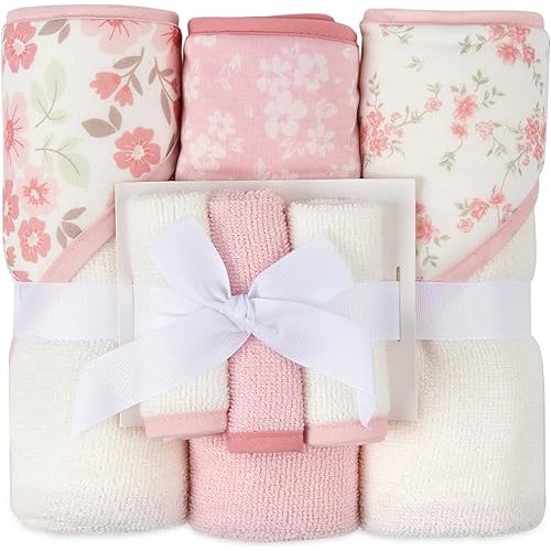 Jessica Simpson 6 Piece Printed Hooded Bath Towel and Washcloth Set for Infant, Newborns and Toddlers 3 – 24 Months for Bath Time, Showers, Lounge, Beach and Pool