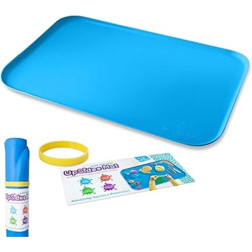 Just Messin’ Silicone Art Mat for Kids, Reusable Non-Slip Heat-Resistant Mat w Raised 0.6" Edges to Contain Mess & Protect Tables/Floors, Arts & Crafts, Resin, Legos, 16"x26", Blue