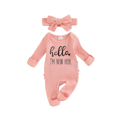 Newborn Baby Girl Clothes Hello I'm New Here Ribbed Jumpsuit Long Sleeve Ruffle Romper with Headband Coming Home Outfits
