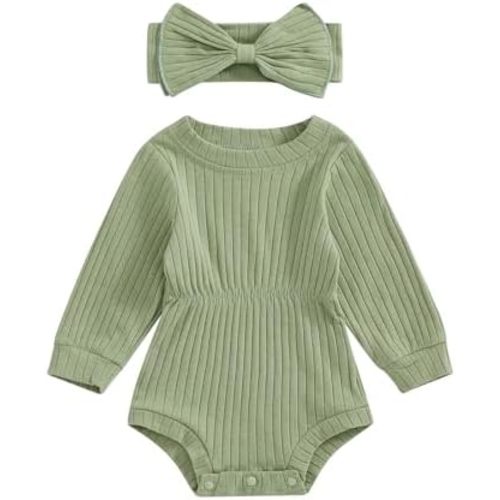 Karwuiio Newborn Baby Girl Fall Outfits Long Sleeve Ribbed Knit Jumpsuit Romper with Headband Infant Clothes Sets