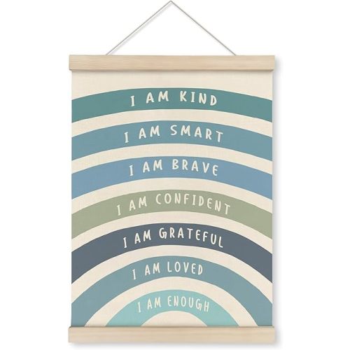 HRQKO Blue I Am Kind Smart Inspirational Poster Hanger Frame, Boho Rainbow Wall Art with Wooden Frames, Positive Affirmation Hanging Decor for Nursery Toddler Room, Mental Health Decor, 12x16 inch