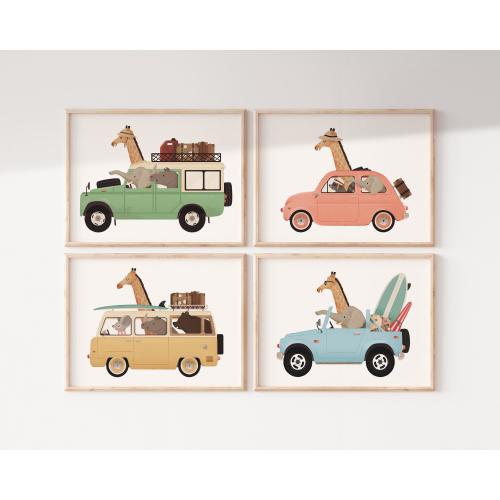 Set of prints, Promotion, Whimsical animals, Nursery set, Wall art set, Nursery art, Animals on cars, Set of four, Nursery decor, Wallart