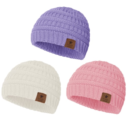 American Trends Warm Baby Knit Hat Cute Cozy Chunky Winter Cap Infant Toddler Baby Beanies for Boys Girls 3 Pack White & Light Purple & Pink
