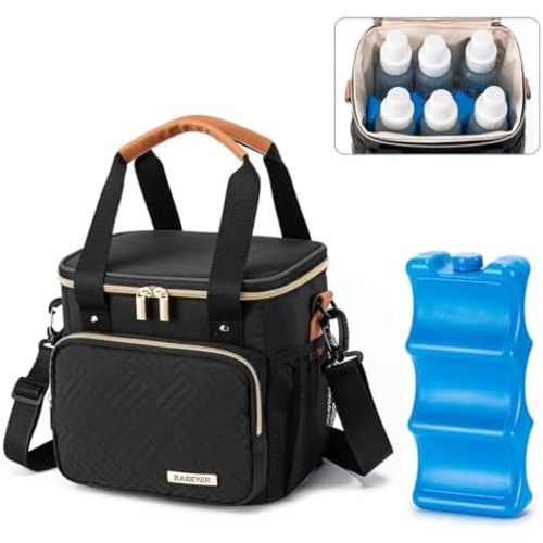 Breastmilk Cooler Bag with Ice Pack Fits 6 Baby Bottles up to 9 Ounce, Breast Milk Pump Cooler Bag for Nursing Mom Daycare, Work, Travel-Black