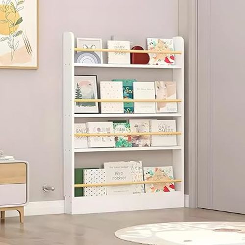 Bookshelf, Behind The Door Bookshelf, Wooden Kids Bookshelf 3/4/5/6 Tier, Behind The Door Storage Organizer for Toys and Books, Space-Saving Wall Mount Narrow Bookshelf