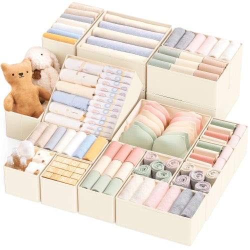 Criusia Drawer Organizers for Clothes, Foldable Closet Storage Bins, Durable Fabric Dresser Dividers Set of 21 (Large, Medium, Small), Beige