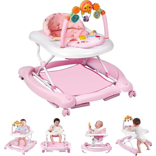 Baby Walker, 5 in 1 Baby Walkers for Boys Girls 6-12 Months, Foldable Walkers for Babies with Bouncer & Feeding Tray, Music, Adjustable Heights, Activity Walker for Infant