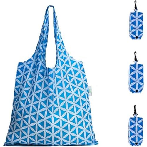HOLYLUCK Reusable Grocery Bags,Heavy Duty Foldable Shopping Tote Bag (Standard, 3 Blue Geometric Flowers)