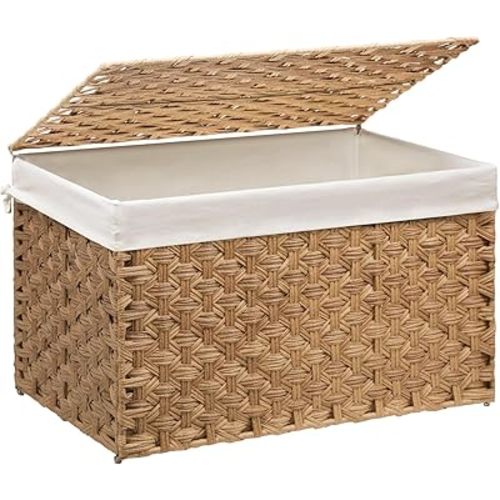 Wicker Storage Basket with Lid, 42.3 Gallon (160L) Large Blanket Basket with Lid, Woven Storage Bin with Handles, Removable Liner, Metal Frame, Foldable, for Bedroom, Laundry Room, Natural
