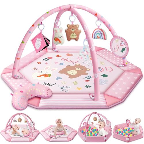 Baby Gym Play Mat, 8-in-1 Tummy Time Mat & Ball Pit with 6 Toys, Washable Baby Activity Mat for Visual, Hearing, Sensory, Motor Development, Baby Gift for Newborn Infant 0-3-6-9-12 Months (Pink)