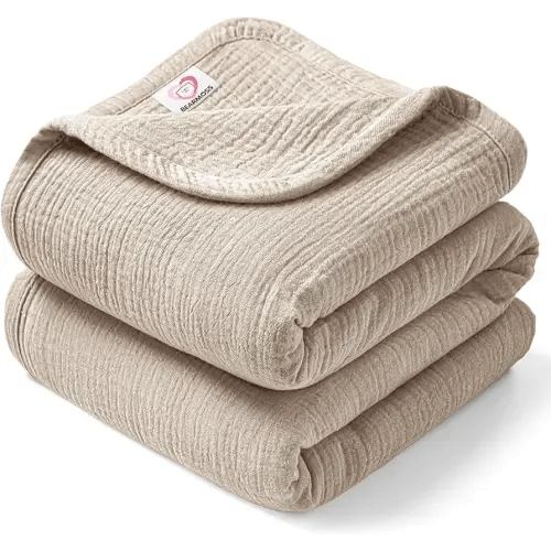 Bearmoss Muslin Crib Blanket 100% Cotton Muslin Baby Quilt 47"× 47", 4-Layer Soft Breathable Lightweight Muslin Baby Blanket for Boys Girls Toddlers (Oat)