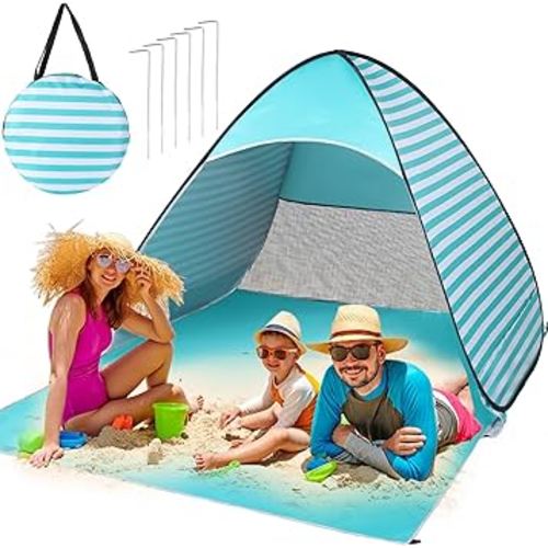 Easy Pop Up Beach Tent 2-3 Person Sun Shelter Lightweight Family Beach Shade UPF 50+ Anti UV Portable Beach Umbrella Automatic Instant Sunshade Canopy with Carry Bag for Baby Adults Family