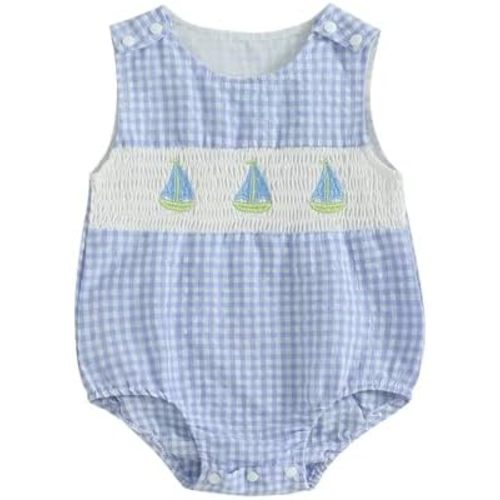 Baby Girl Boy Summer Clothes Sailing Boat Embroidery Gingham Sleeveless Romper Bodysuit Outfit 0 3 6 9 12 18 Months