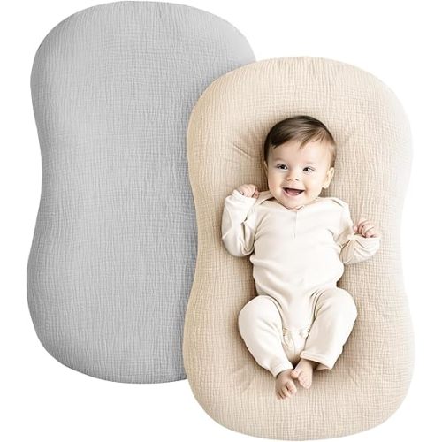 Konssy Muslin Baby Lounger Cover 2 Pack, 100% Cotton Newborn Lounger Cover, Soft and Breathable Lounger Slipcover for Boys Girls, Covers Only (Grey,Wheat)