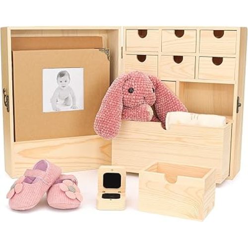 Art Secret Premium Pine Wood Baby Keepsake Box with Memory Book and Photo Album - Baby Document Organizer for Keepsakes and Milestones - Ideal Baby Gift for New Parents