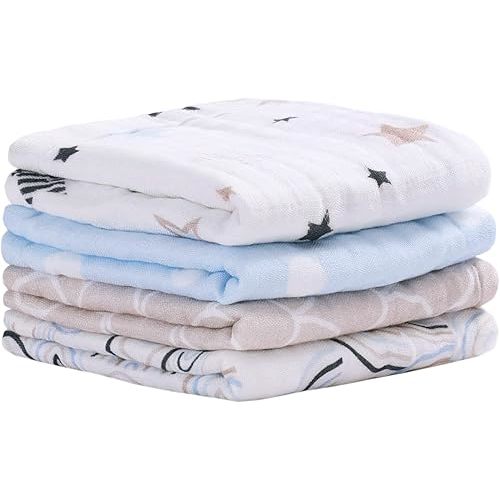 Viviland Baby Muslin Burp Cloths, Super Absorbent Washcloths for Baby Girl and Boy, 10 x 20 inches 6-Layer Baby Bath Towels, Blue Rainbow & Stars 4 Pack