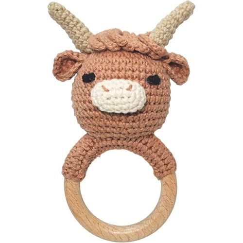 Wooden Baby Rattle for Boys and Girls, Crochet Stuffed Animal for Newborn, 3 4 5 6 Month Toys, Highland Cow