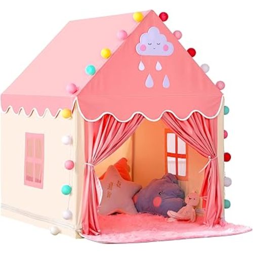 SISTICKER Kids Play Tents for Girls Large Fairy Playhouse for Kids Princess Castle Tent Gift Toys for Girl Toddler Children Play House (Pink) (Pink Tent with Rug)