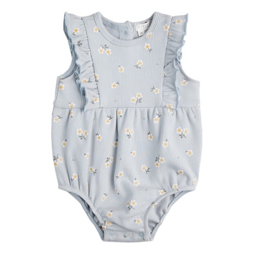 Baby Daisy Print Rib Organic Cotton Bubble Romper, 18M, Blue Light