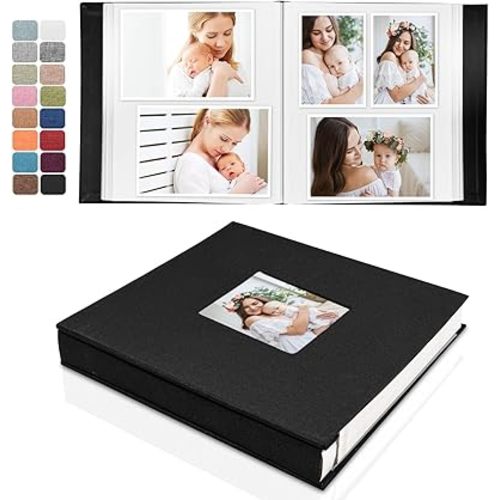 Baby Memory Book, Photo Album Self Adhesive with Picture Display Window,40 Pages Black Linen Cover Scrapbook for Baby Boy or Girl with Scraper and Metallic Pen