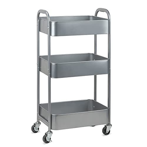 MAX Houser 3-Tier Rolling Utility Cart with Caster Wheels,Easy Assembly, for Kitchen, Bathroom (Silvery-Grey)