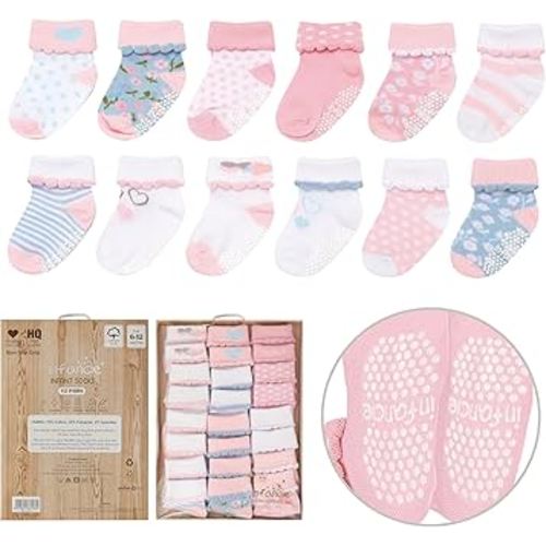Baby Socks w/Gripper 0-6 & 6-12 Months | Safe Walking Non-Slip Sole | Stay-In-Place Ribbed Cuffs Unisex (US, Age, 6 Months, 12 Months, Pink - 12 Pairs)