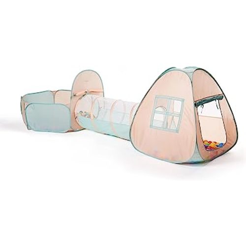 UTEX 3 in 1 Pop Up Kids Play Tent with Tunnel and Ball Pit for Kids, Boys, Girls, Babies and Toddlers, Indoor/Outdoor Playhouse,Orange Pink/Light Green