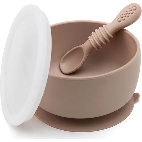SAMiGO Silicone Baby Bowl and Spoon Set with Suction and Lid, First Stage Self Feeding Essentials, Food Bowl for 6+ Months